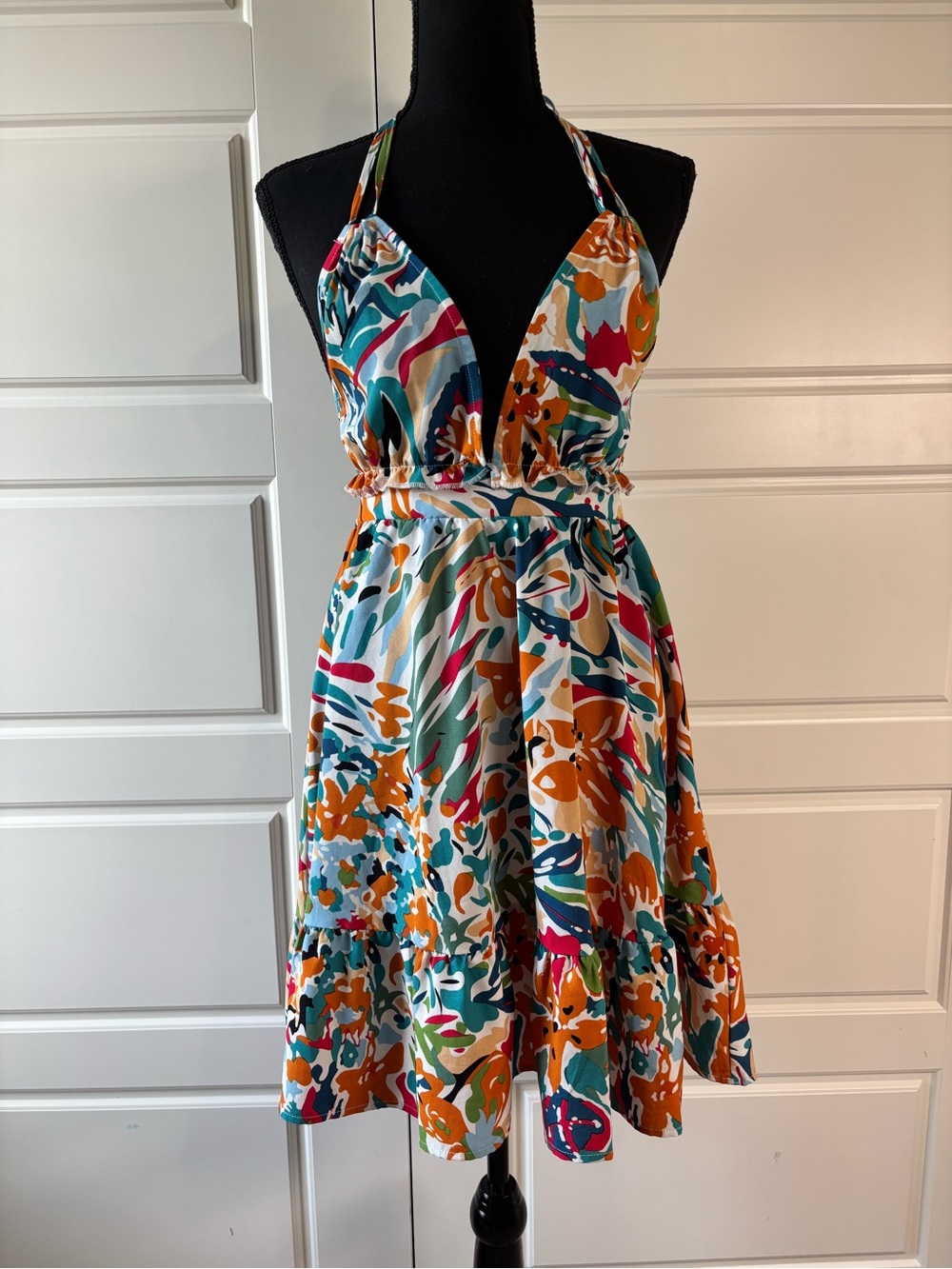 SHEIN Multicolor Halter Mini Dress in Teal, Orange & Pink